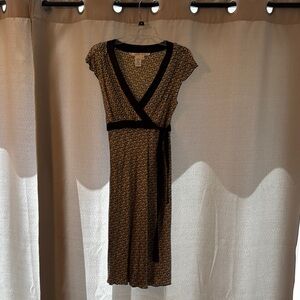 Brown and Black Midi Wrap Dress with Flutter Cap Sleeves